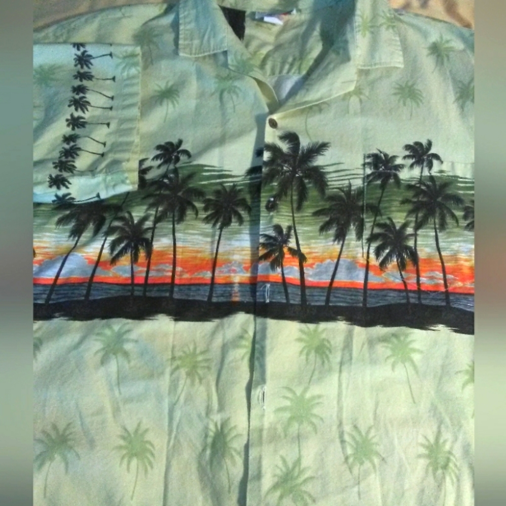 VINTAGE MENS PACIFIC LEGEND MINT COND. HAWAIIAN SHIRT GREEN COASTAL VIEW SUN
